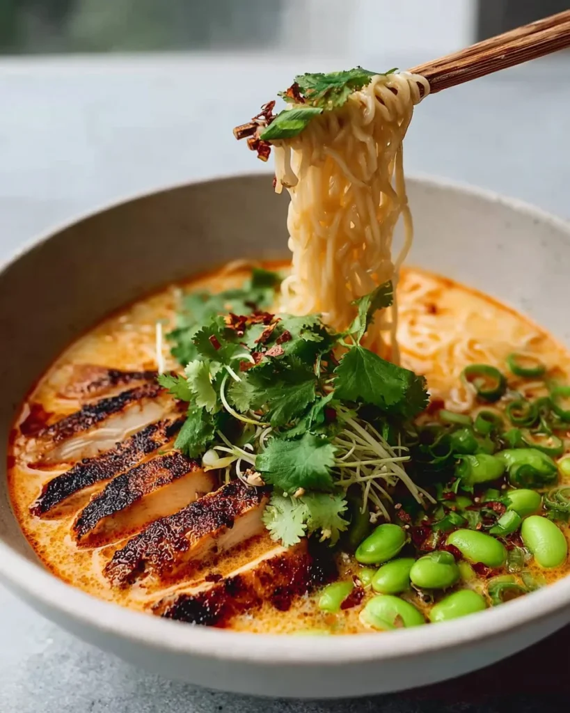 Creamy Marry Me Chicken Ramen in a bowl garnished with herbs