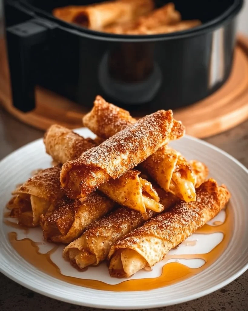 Crispy air fryer apple pie taquitos served on a plate with caramel drizzle.