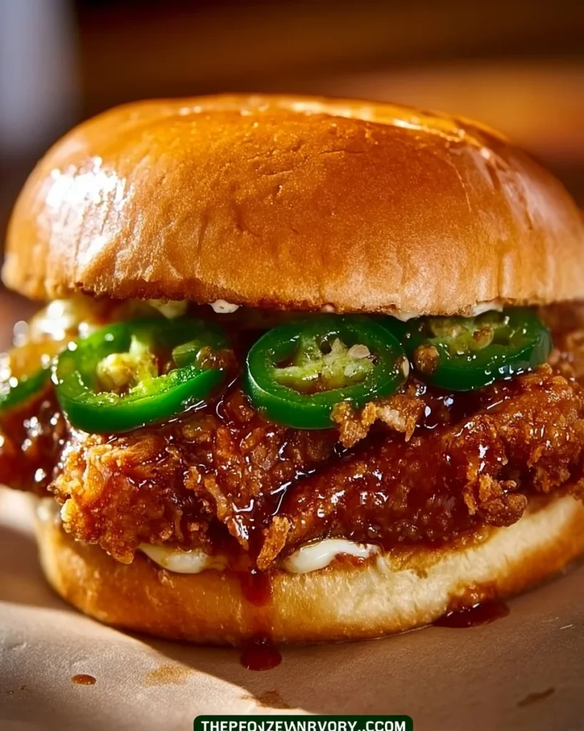 Crispy fried chicken sandwich topped with jalapeno honey glaze on a bun