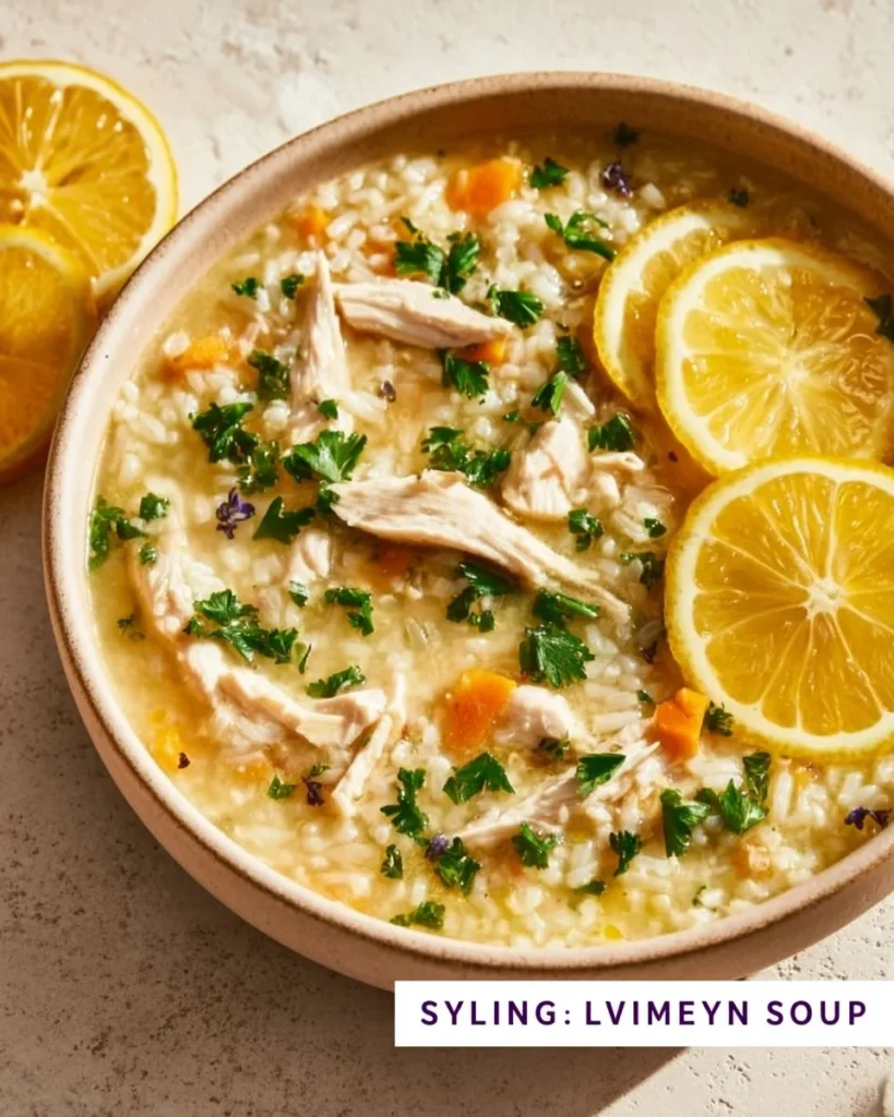 Crockpot Lemon Chicken Soup served in a bowl with fresh herbs