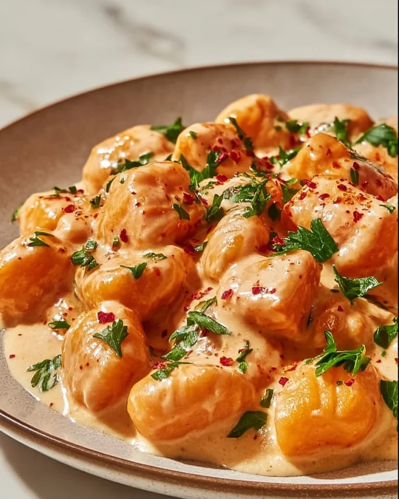 Plate of delicious smoked salmon gnocchi garnished with herbs