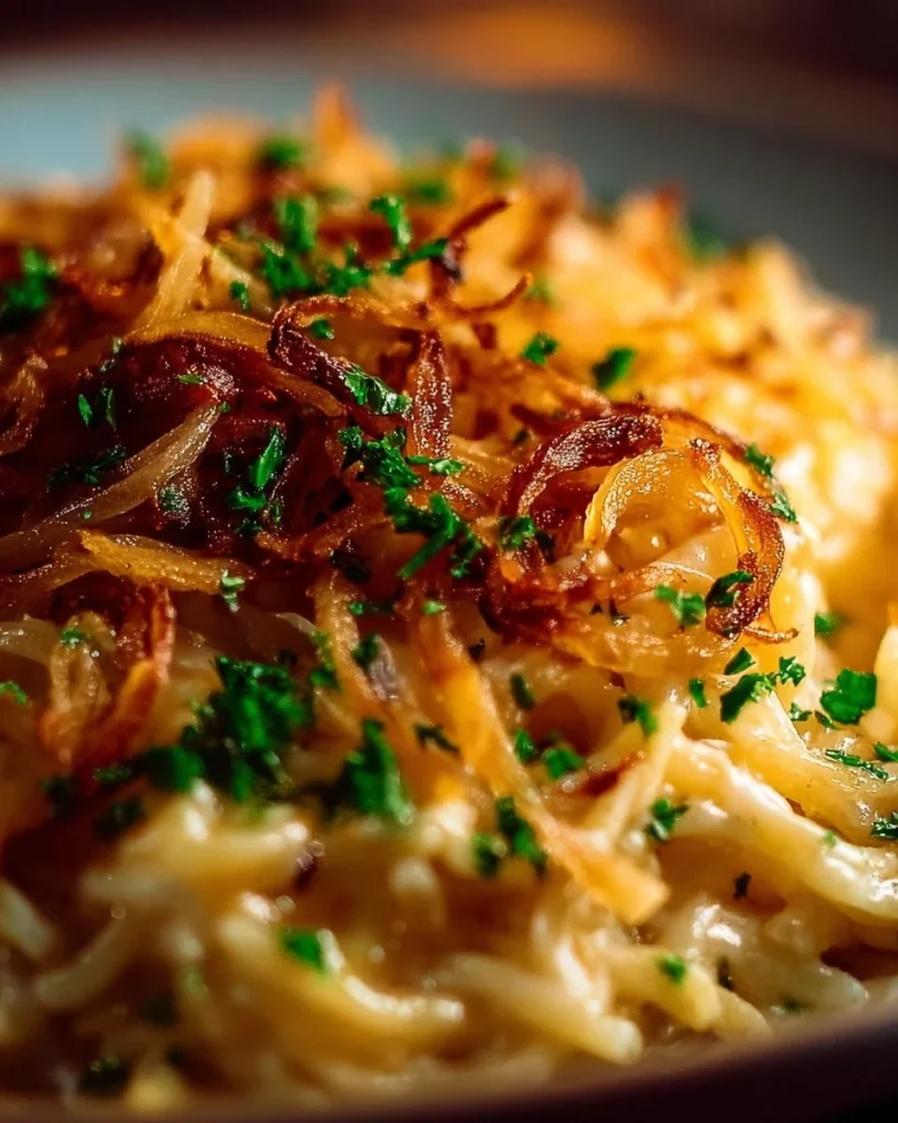 Delicious French Onion Chicken Orzo Casserole served with herbs and cheese