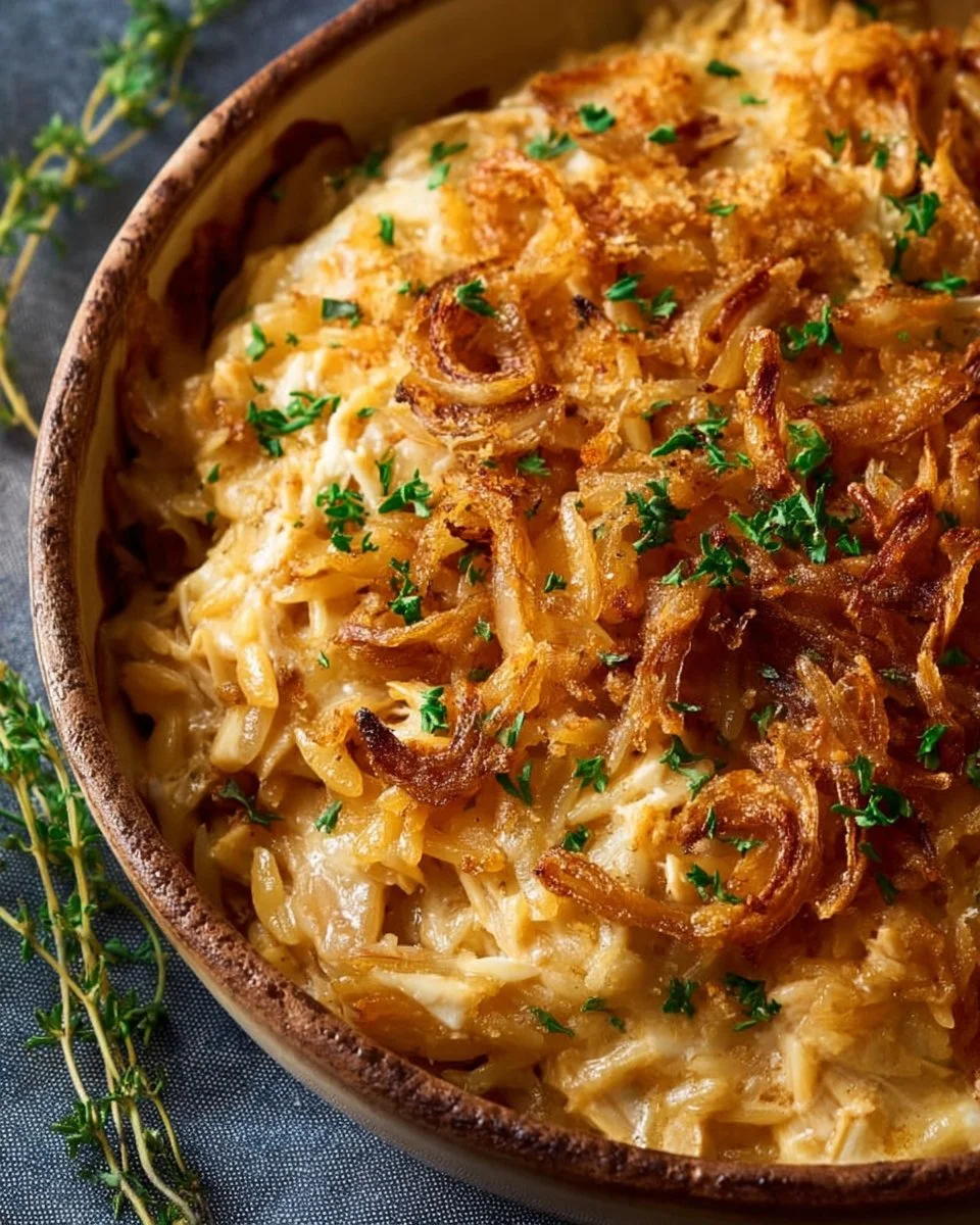 French Onion Chicken Orzo Casserole