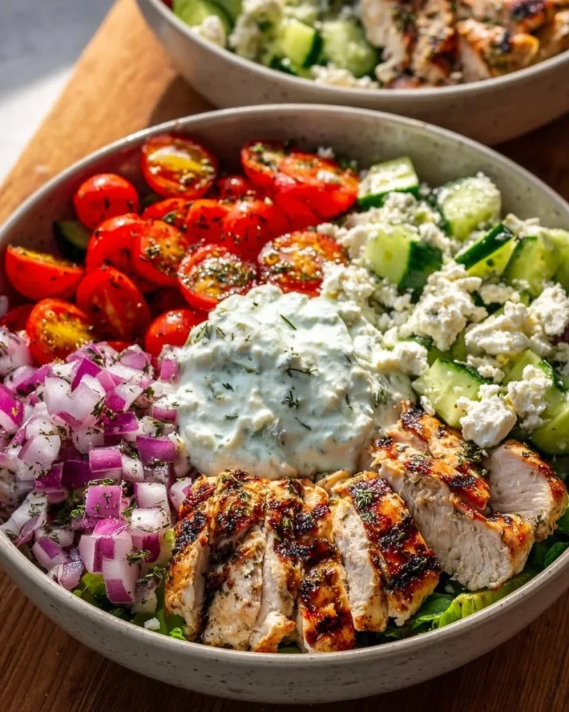 Delicious Greek Chicken Bowl with fresh vegetables and herbs