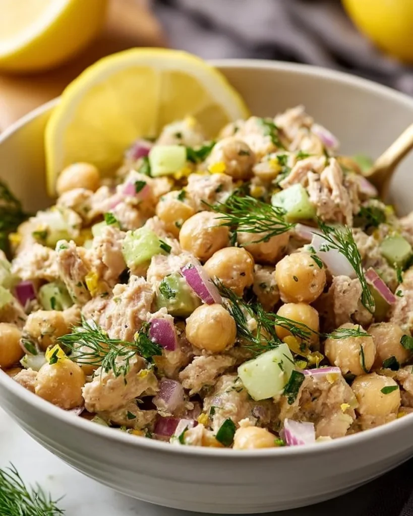 Healthy tuna garbanzo bean salad in a bowl, garnished with veggies