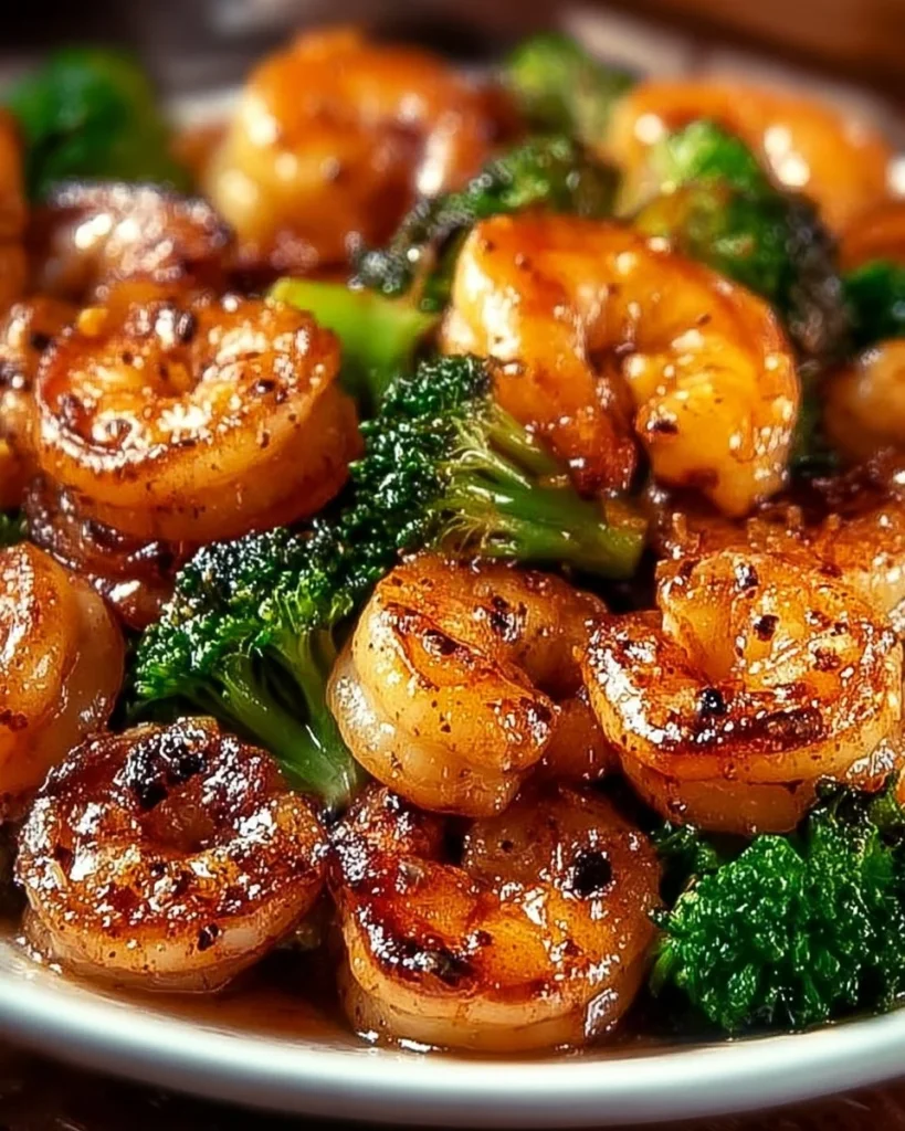 High-protein honey garlic shrimp served with vegetables on a plate