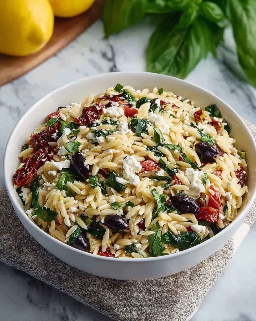 Homemade orzo pasta salad with feta and sun-dried tomatoes in a bowl