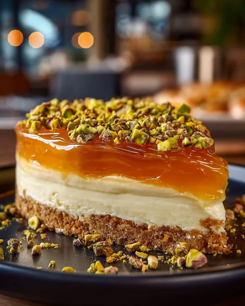 Honey Pistachio Baklava Cheesecake with honey drizzle and pistachio topping