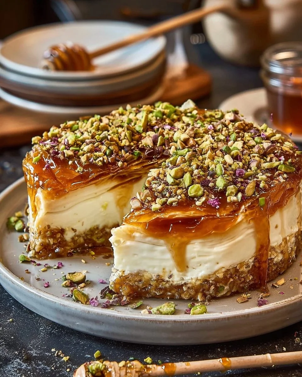 Honey Pistachio Baklava Cheesecake
