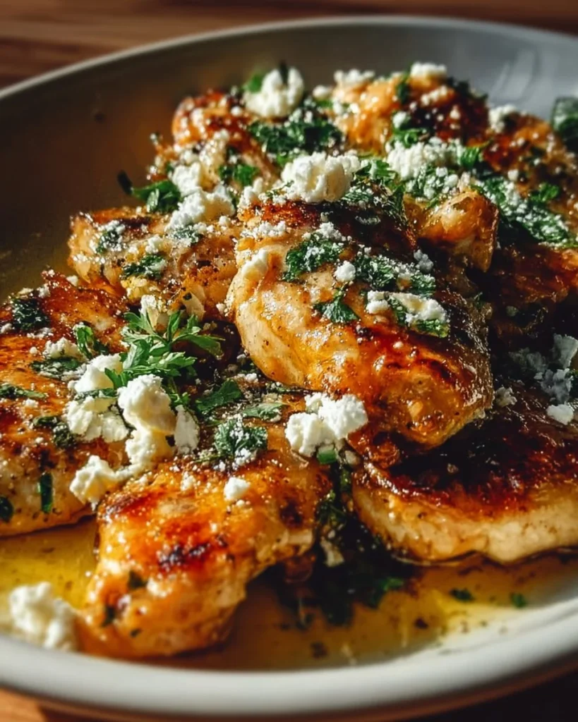 Hot Honey Feta Chicken dish garnished with herbs and honey drizzle