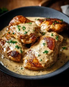 Irish chicken with whiskey cream sauce served on a plate