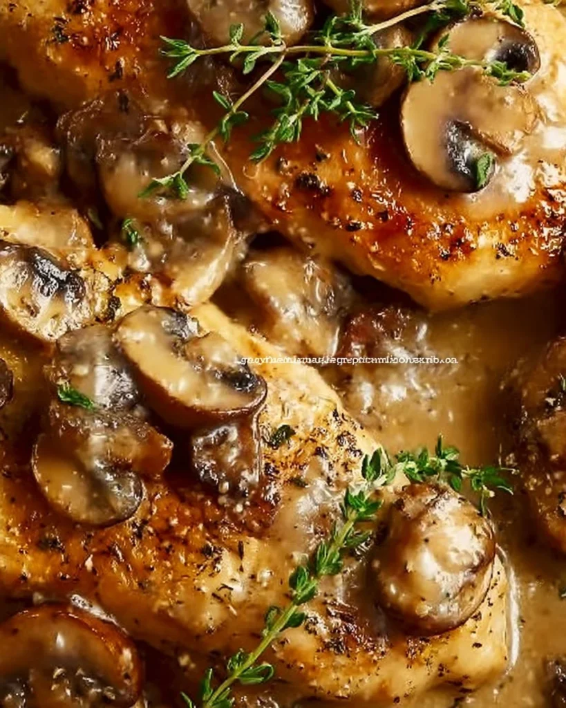 Creamy chicken with mushrooms and Asiago cheese dish in a skillet