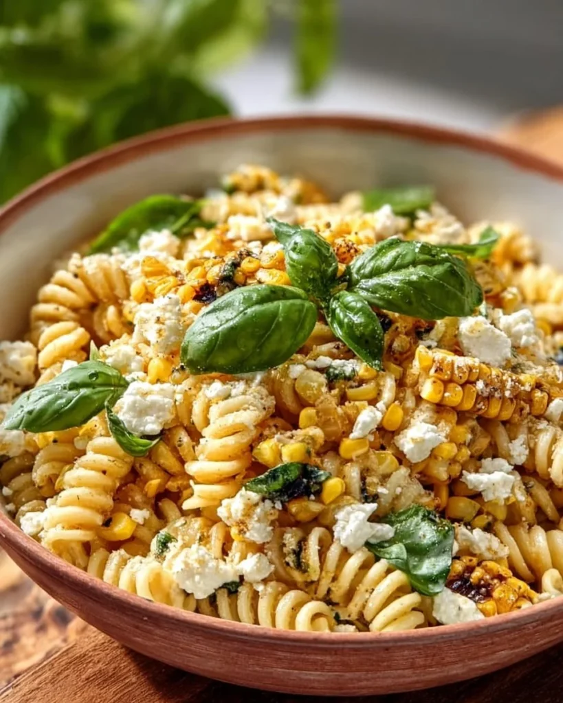 Juicy Street Corn Pasta Salad served in a bowl with vibrant ingredients