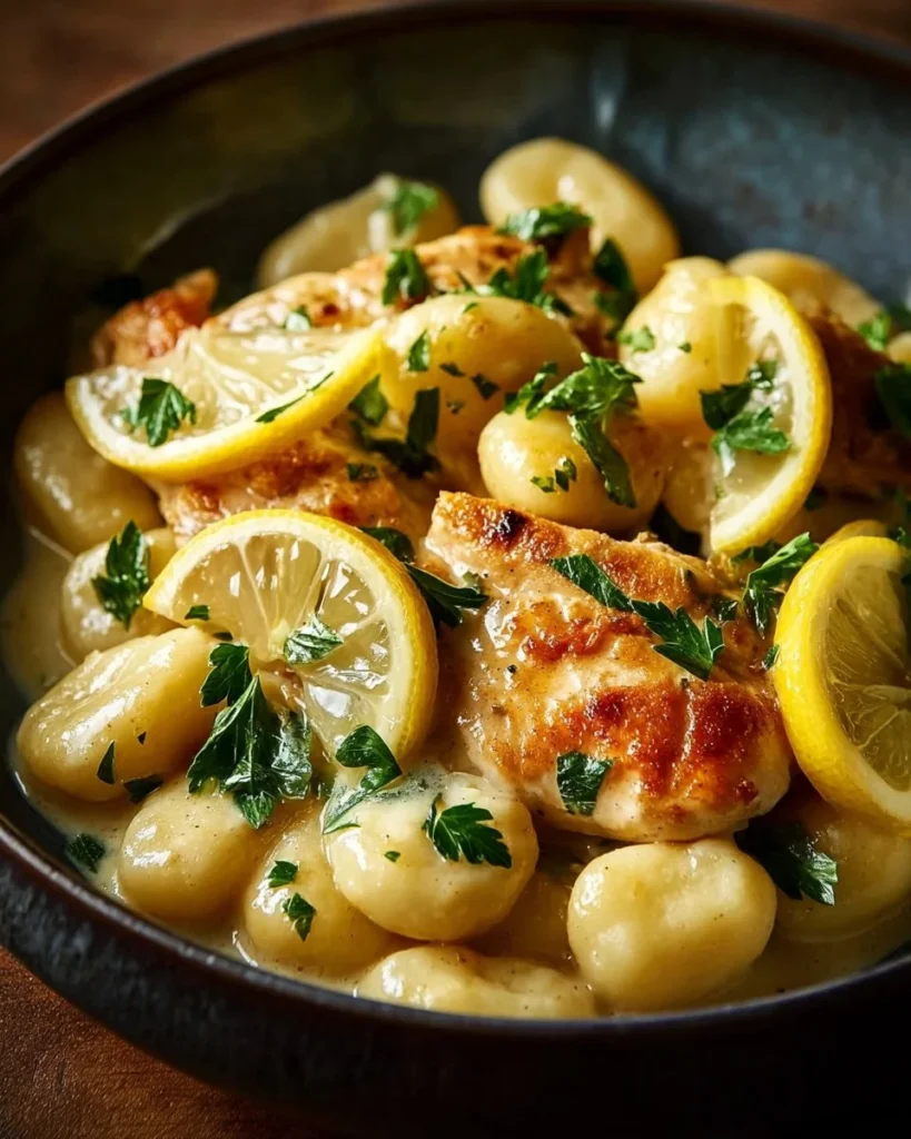 Lemon Chicken Gnocchi in a creamy sauce served in a bowl.