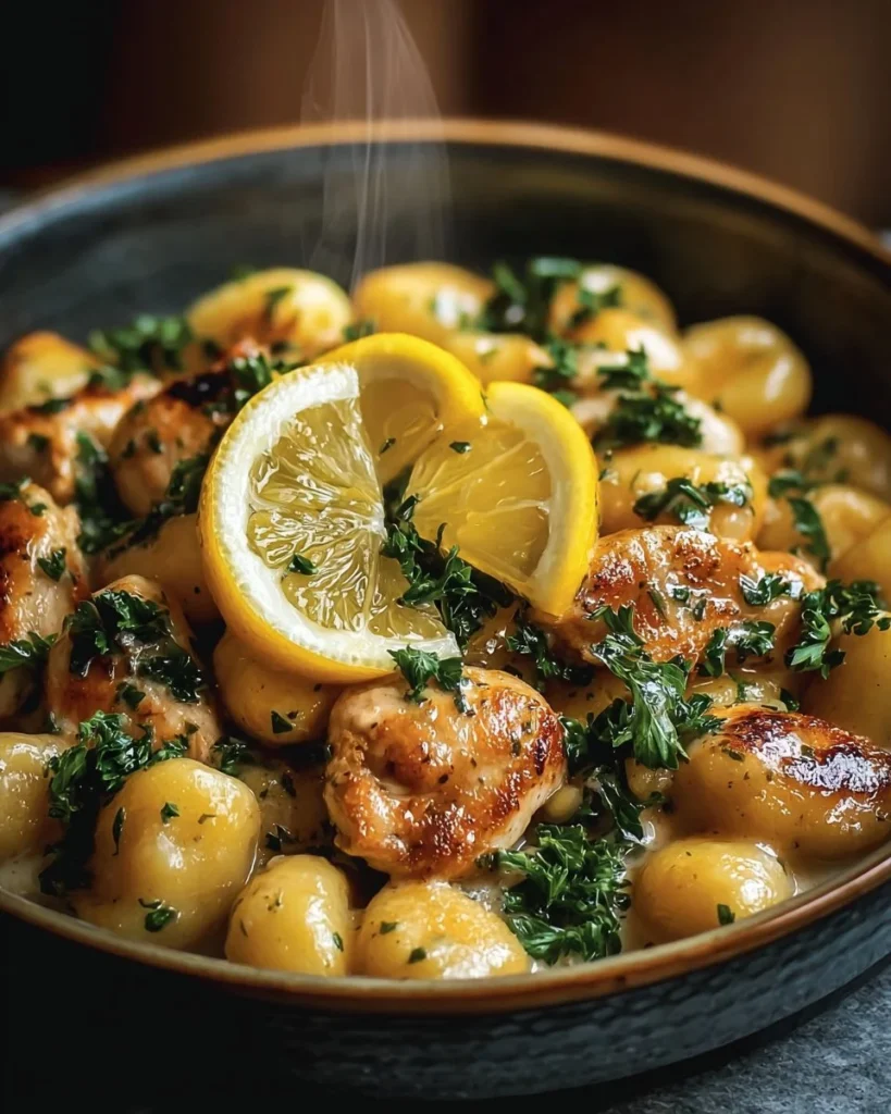 Creamy lemon chicken gnocchi in a bowl, garnished with herbs and lemon slices.