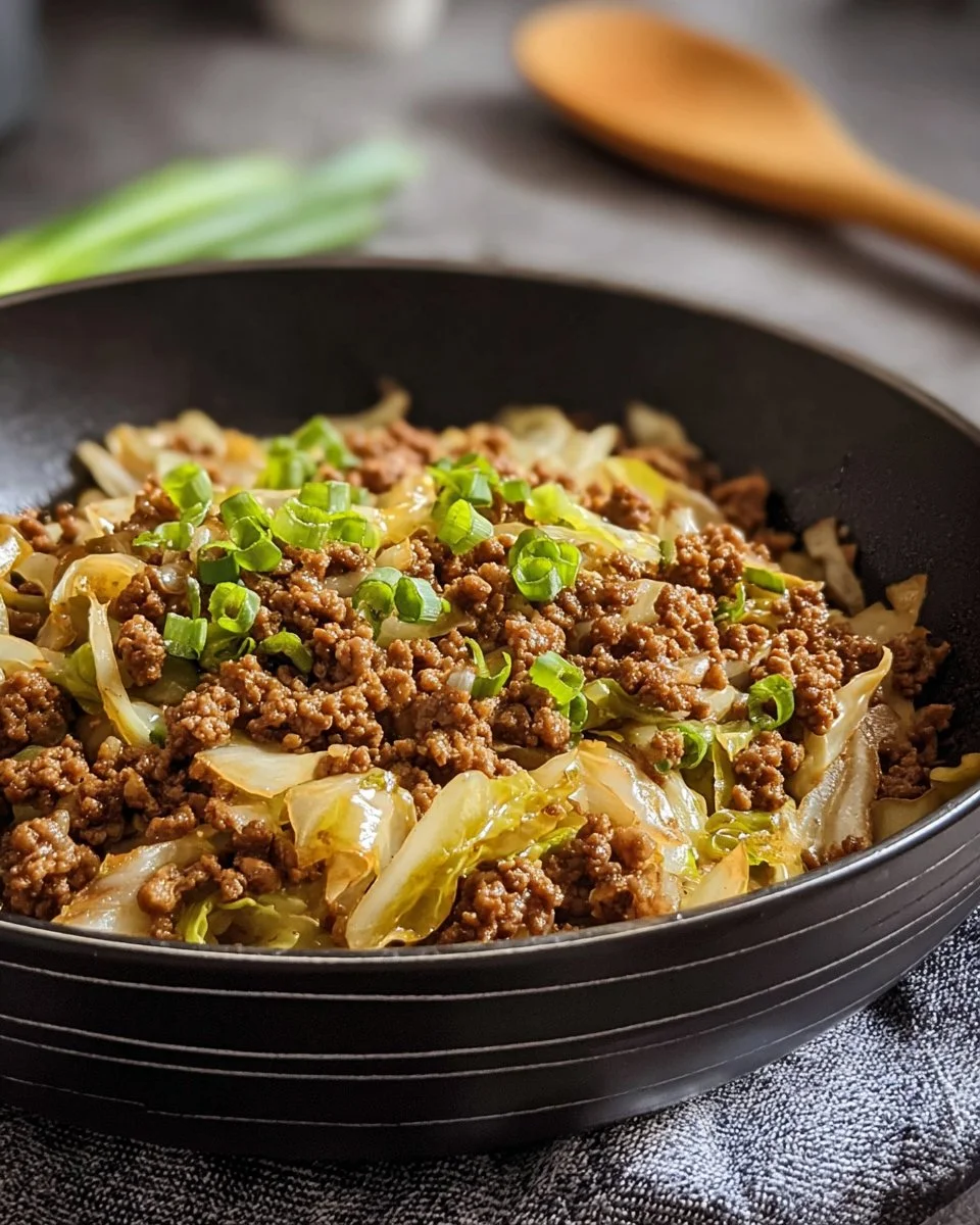 Plate of low-carb Mongolian ground beef with cabbage and vegetables