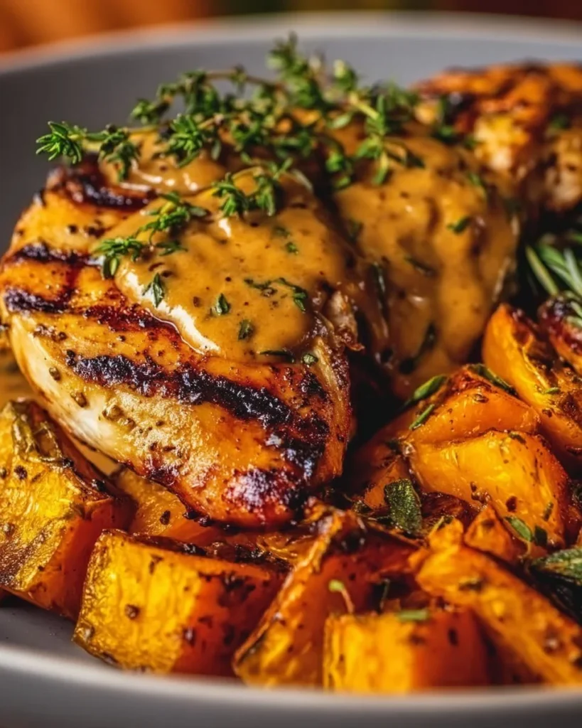 Maple Dijon Chicken and Sweet Potato Bowl served in a rustic dish
