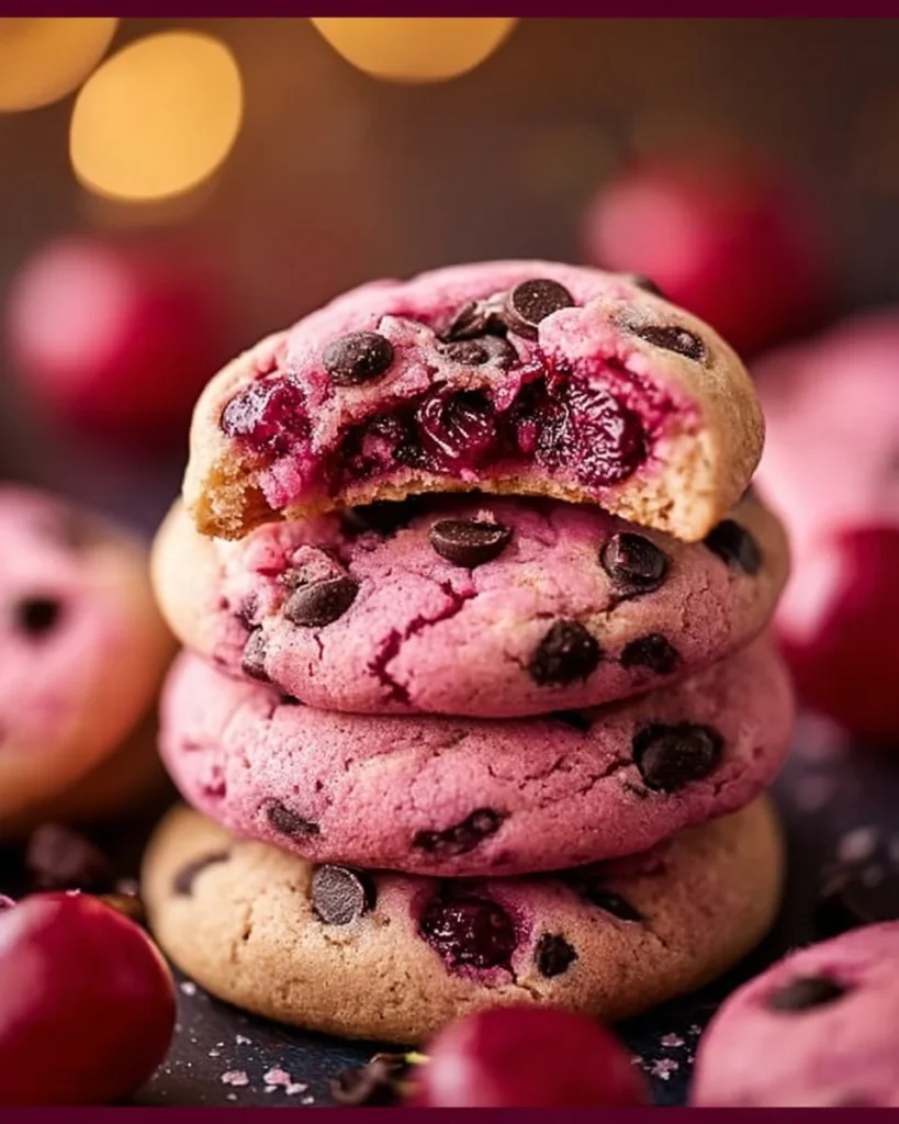 Maraschino Cherry Chocolate Chip Cookies on a plate