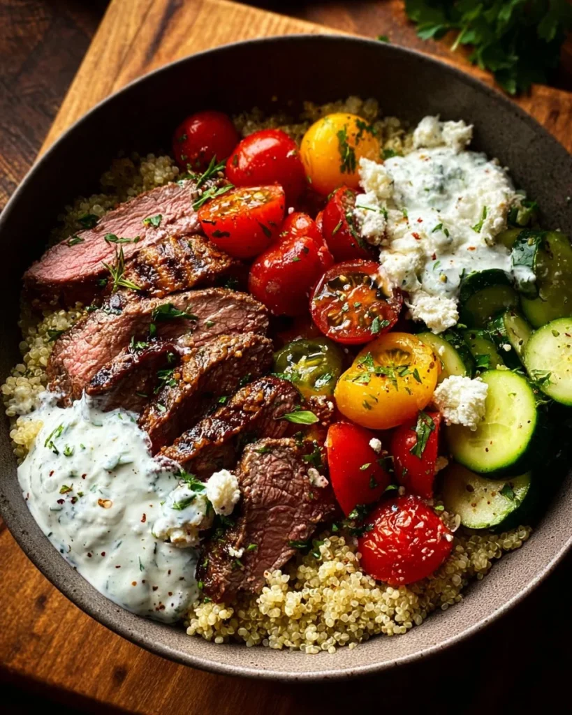 Delicious Mediterranean steak bowl with fresh veggies and sauce