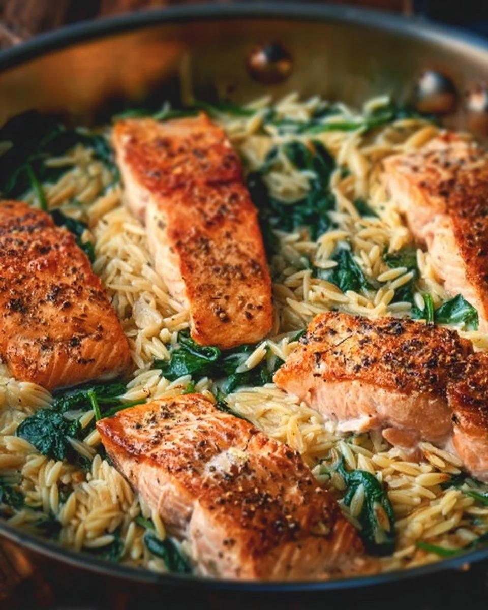 One Skillet Salmon with Lemon Orzo on a plate, garnished with herbs