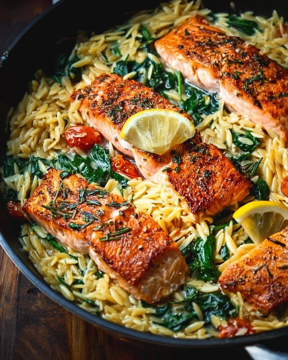 One Skillet Salmon with Lemon Orzo