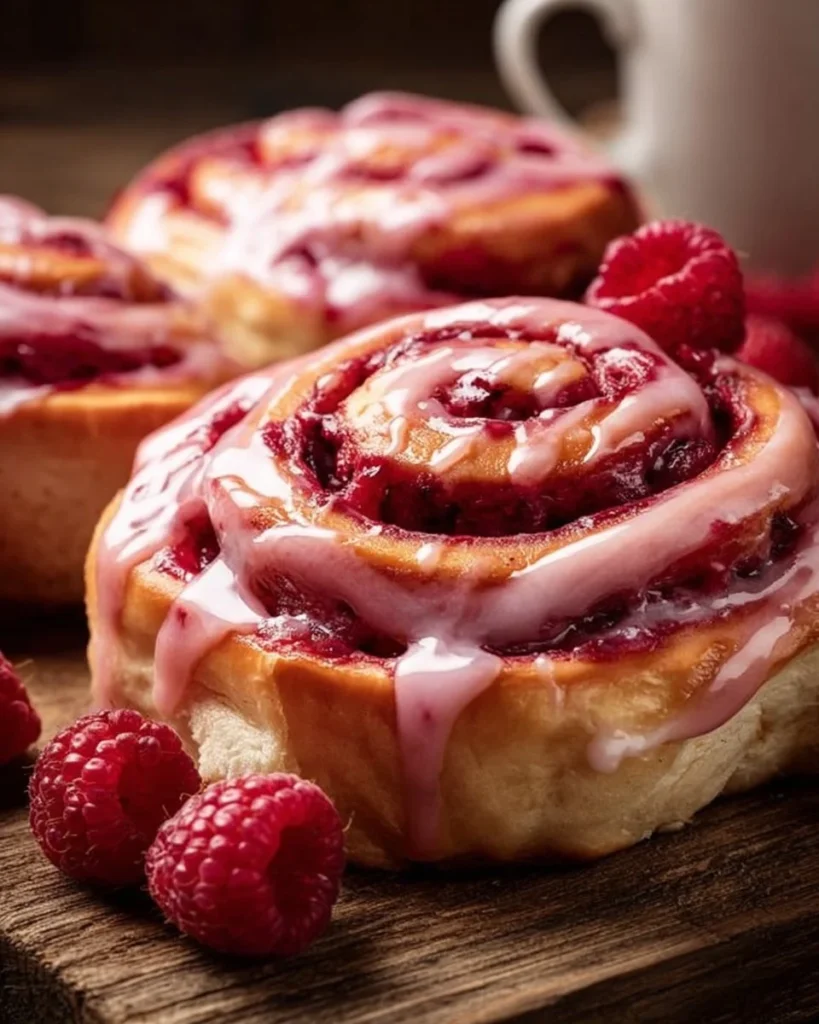 Freshly baked raspberry cinnamon rolls with lemon glaze on a plate