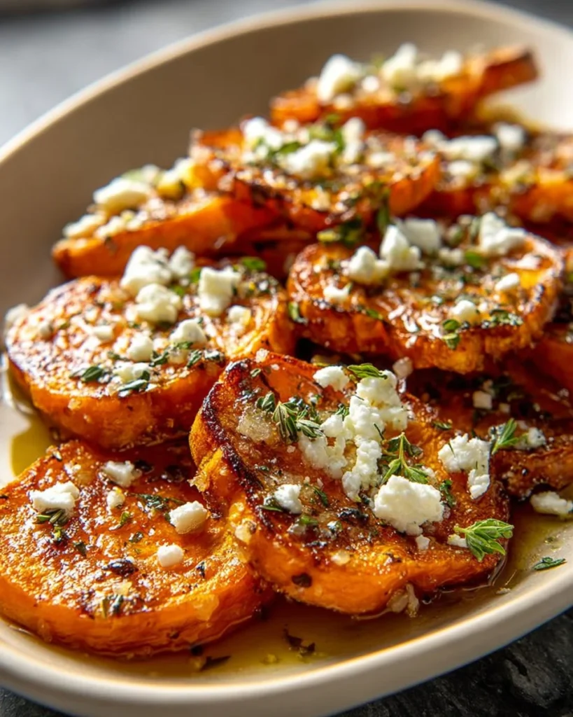 Roasted sweet potato rounds with honey and feta on a plate