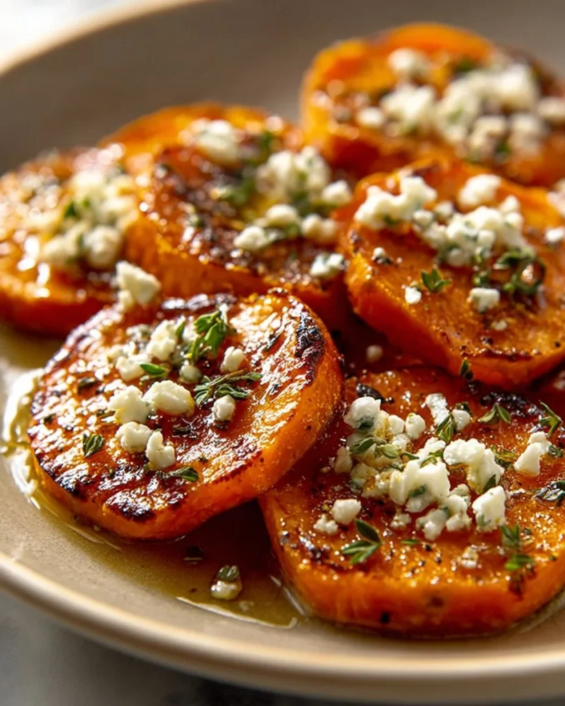 Plate of roasted sweet potato rounds topped with honey and feta cheese