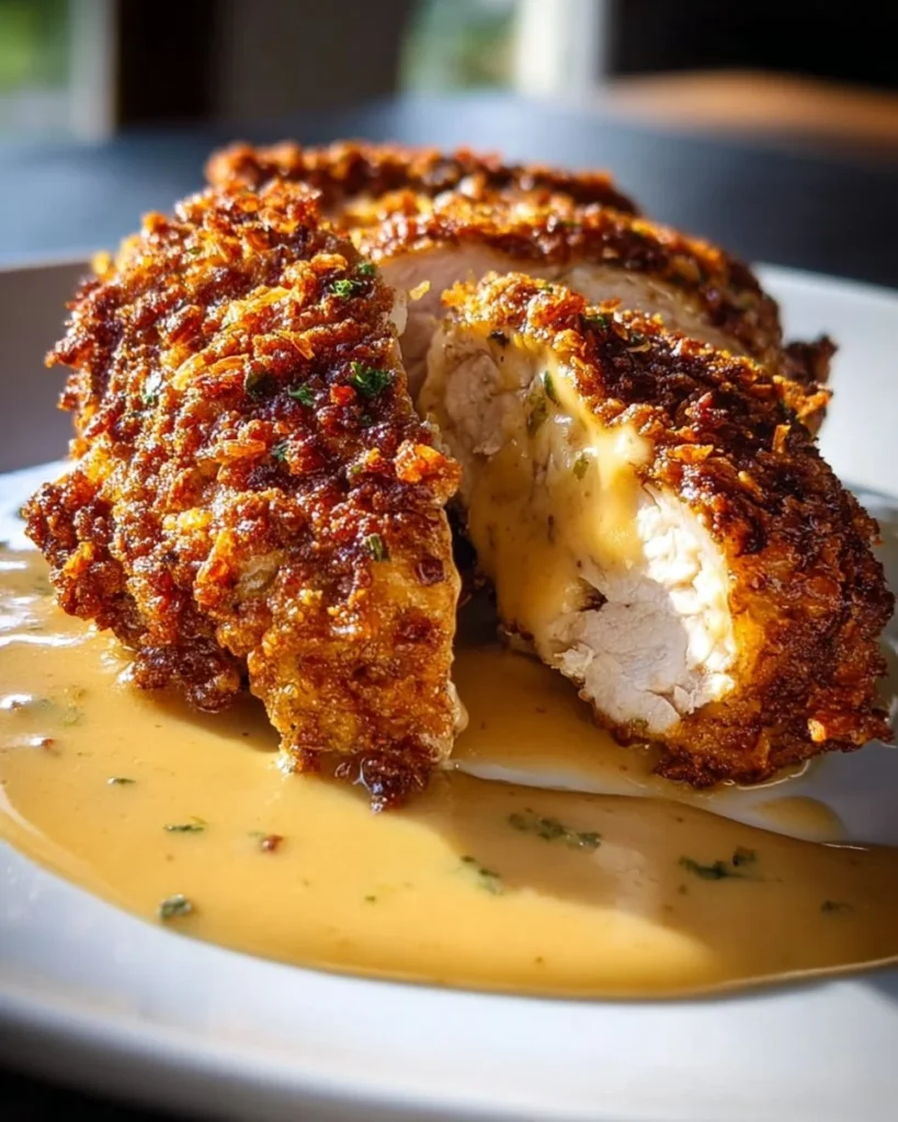 Savory pretzel chicken with mustard-cheddar sauce served on a plate