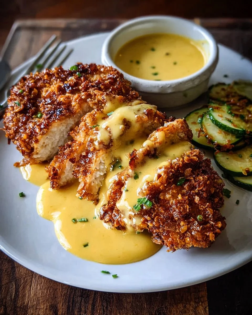 Savory Pretzel Chicken with Mustard-Cheddar Sauce Delight