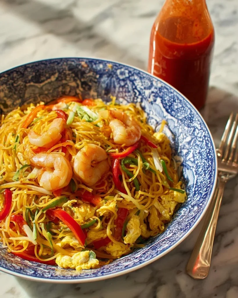 Plate of Singapore rice noodles with shrimp and curry