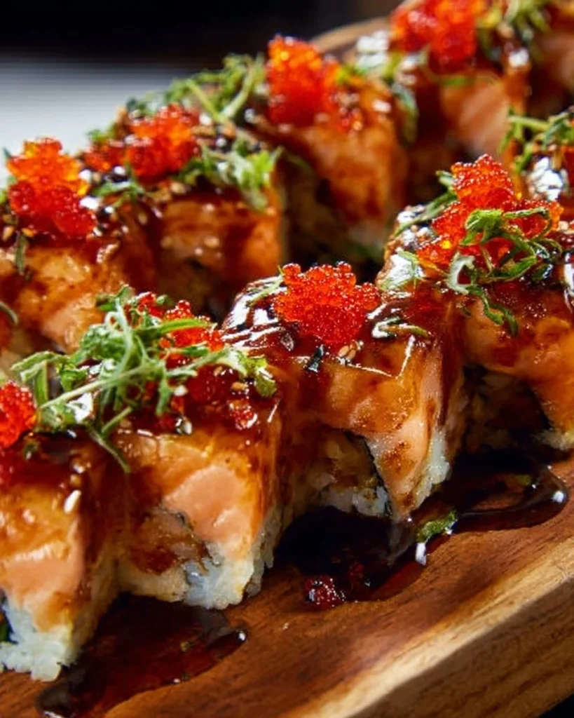 Delicious spicy salmon sushi bake served in a casserole dish