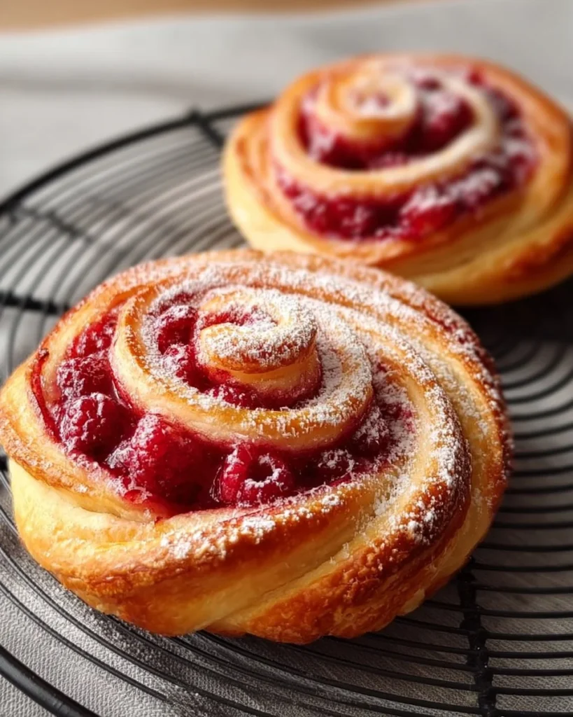 Freshly baked Raspberry Danish Buns with sugar glaze