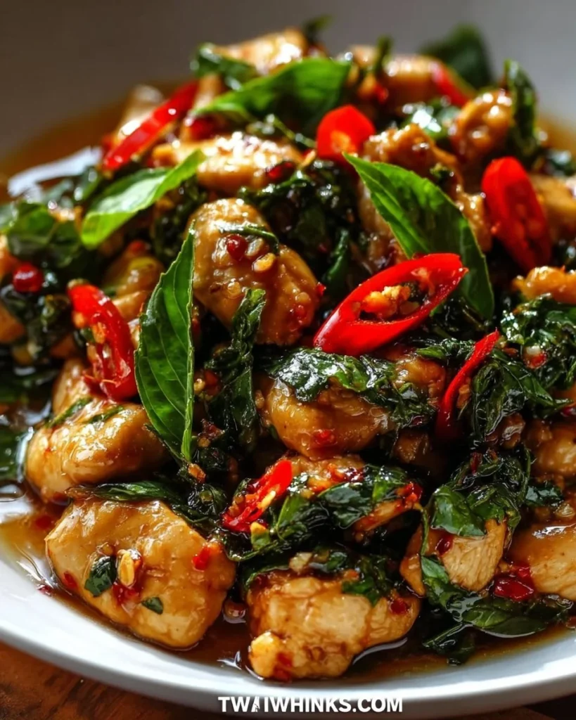 Delicious Thai Basil Chicken stir-fry with fresh basil and colorful vegetables