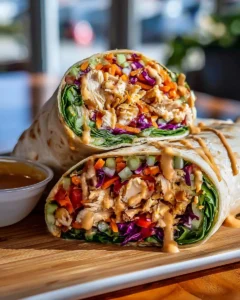 Thai Peanut Chicken Wraps served on a plate with fresh vegetables