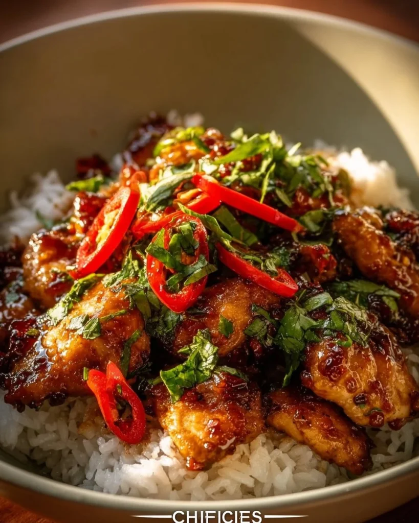 Delicious Thai Sweet Chili Chicken served with fresh vegetables