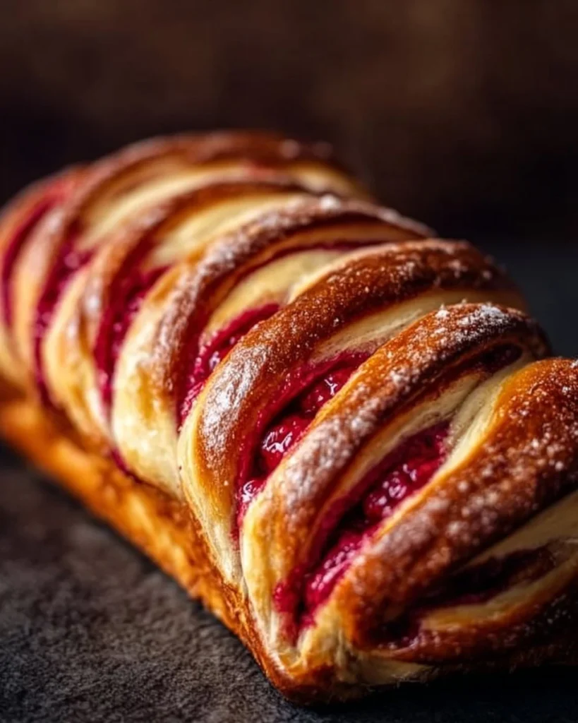 Freshly baked raspberry swirl brioche loaf on a wooden board