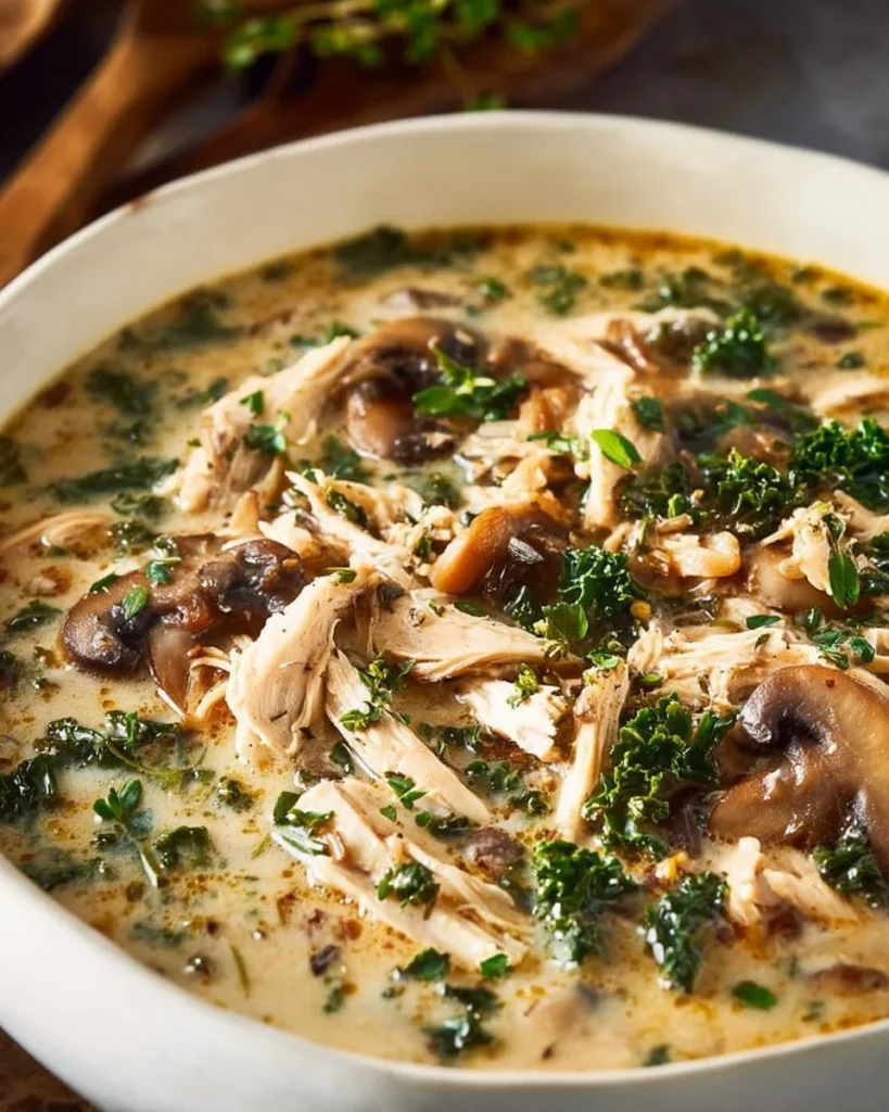 Bowl of hearty rotisserie chicken and mushroom chicken soup during fall