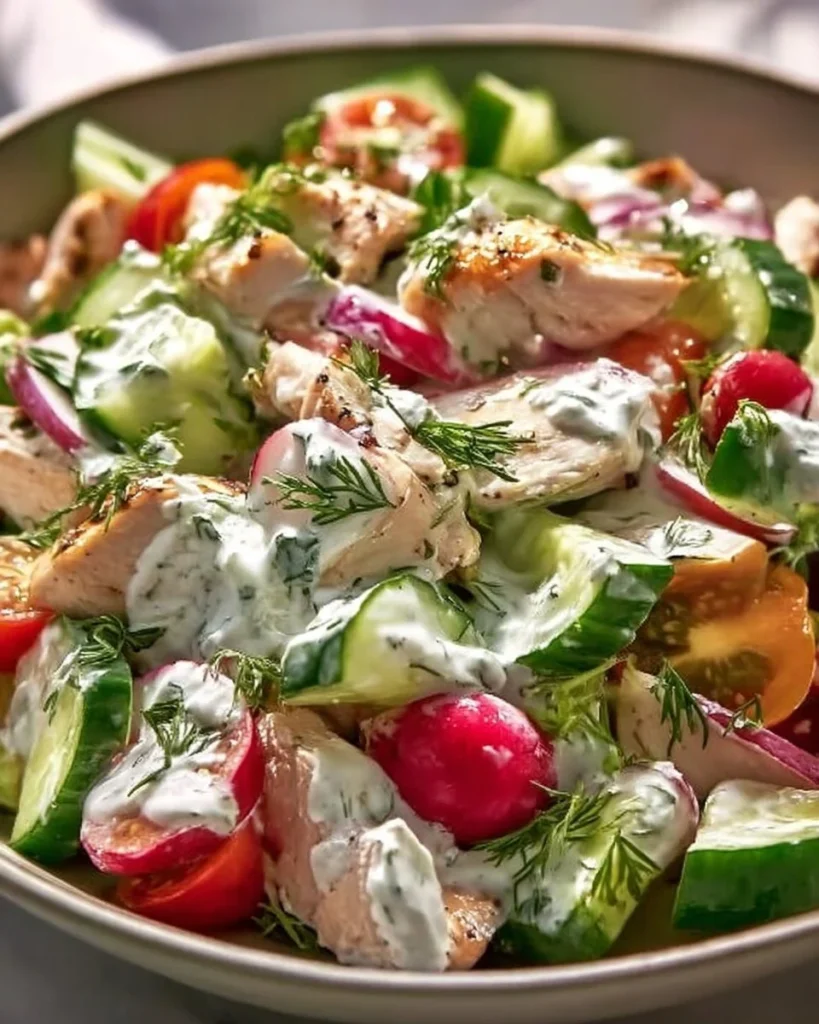 Delicious Tzatziki Chicken Salad with fresh veggies and creamy dressing