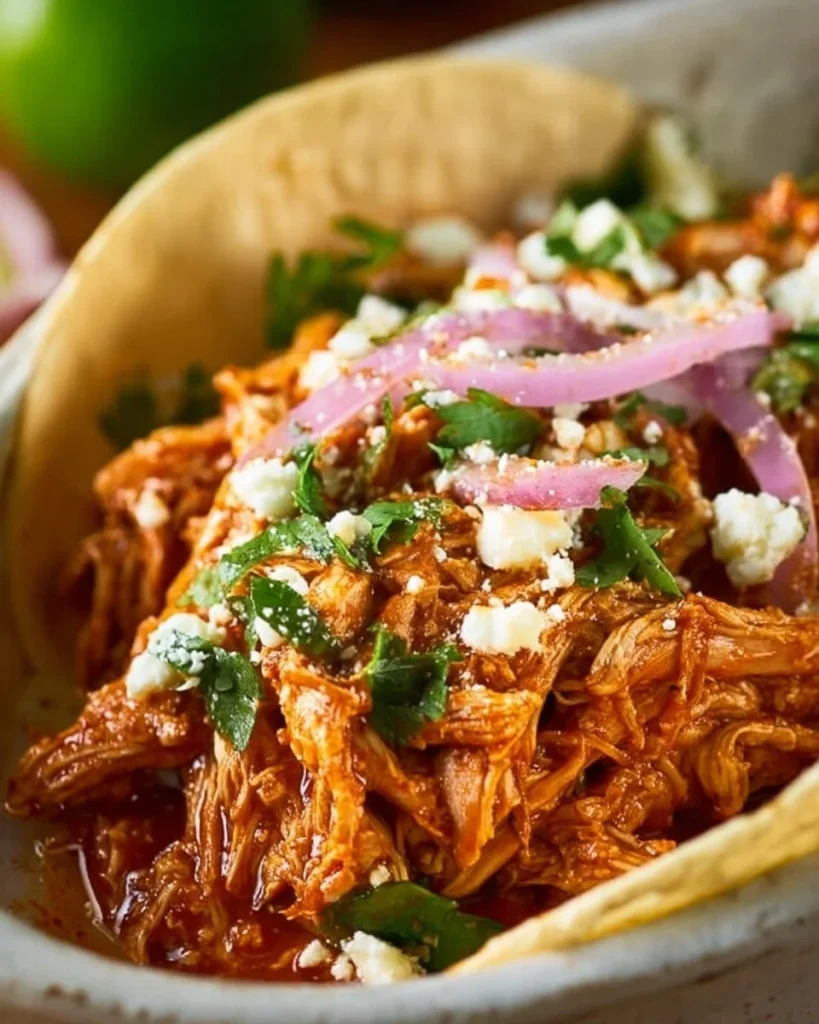 Plate of authentic Chicken Tinga with tortillas and garnishes