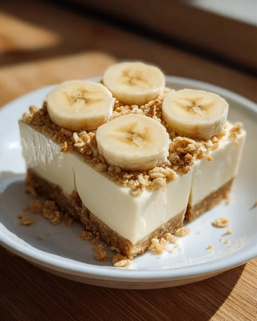 Delicious banana pudding cheesecake squares topped with whipped cream and bananas