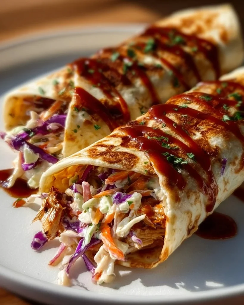 BBQ Chicken Coleslaw Wraps with vibrant veggies in a tortilla