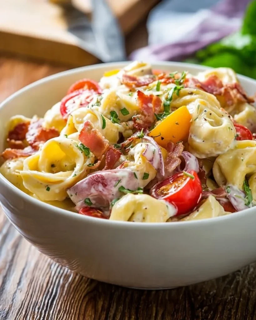 Delicious grinder tortellini salad with fresh vegetables and dressing