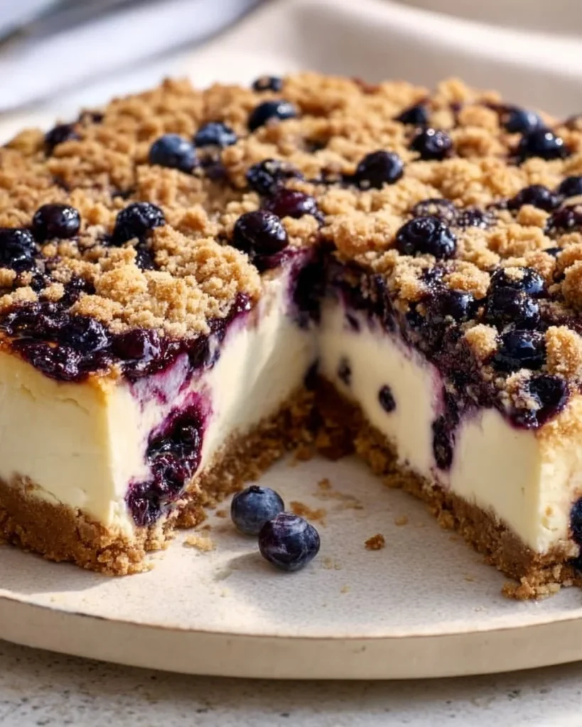 Delicious blueberry cheesecake topped with fresh blueberries and cream