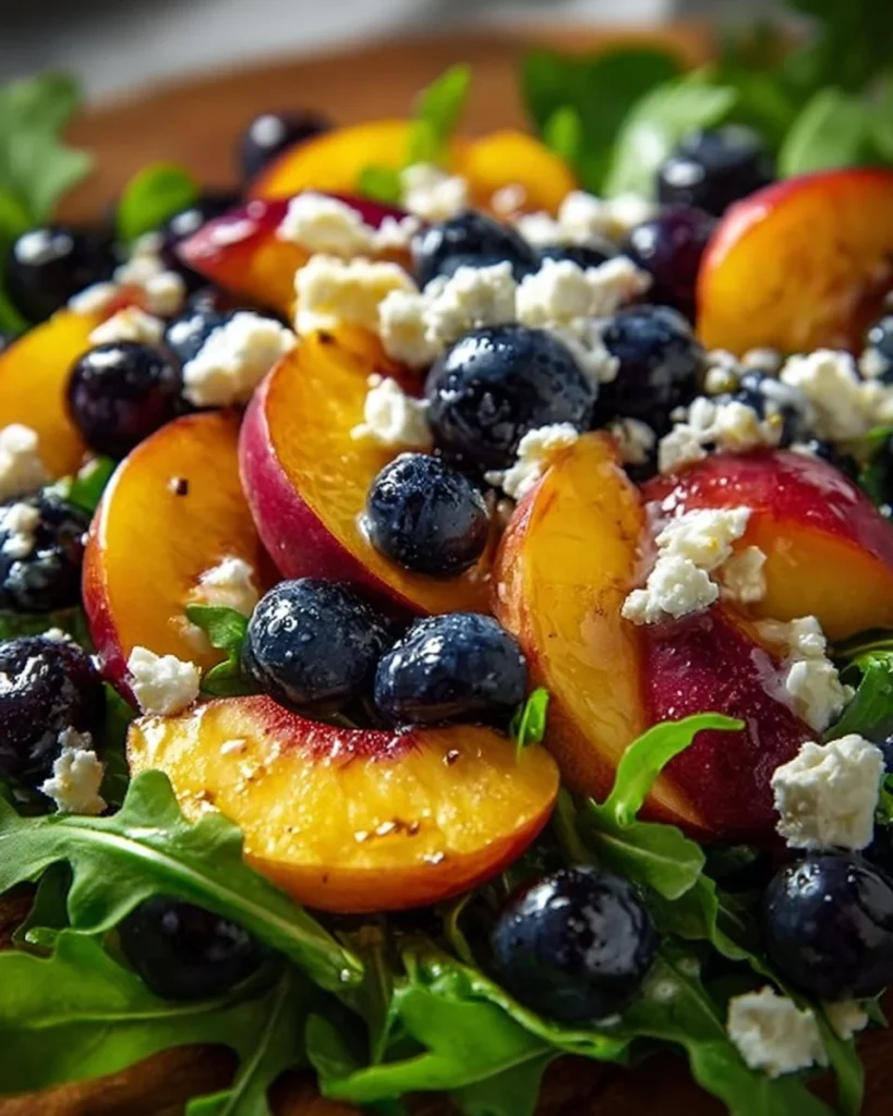 Colorful Blueberry Peach Feta Salad served in a bowl with fresh ingredients