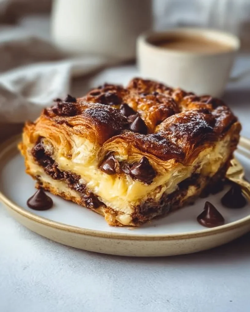 Chocolate croissant breakfast bake with melted chocolate and flaky layers
