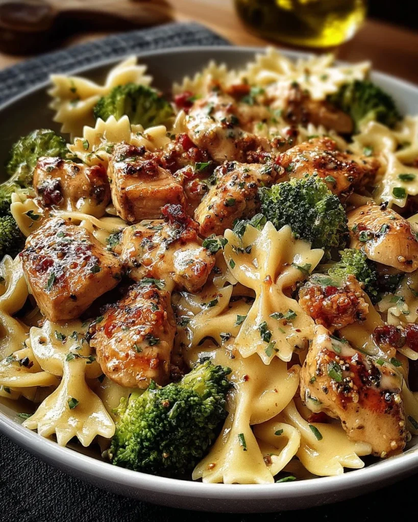 Cowboy Butter Lemon Bowtie Chicken with Broccoli on a plate