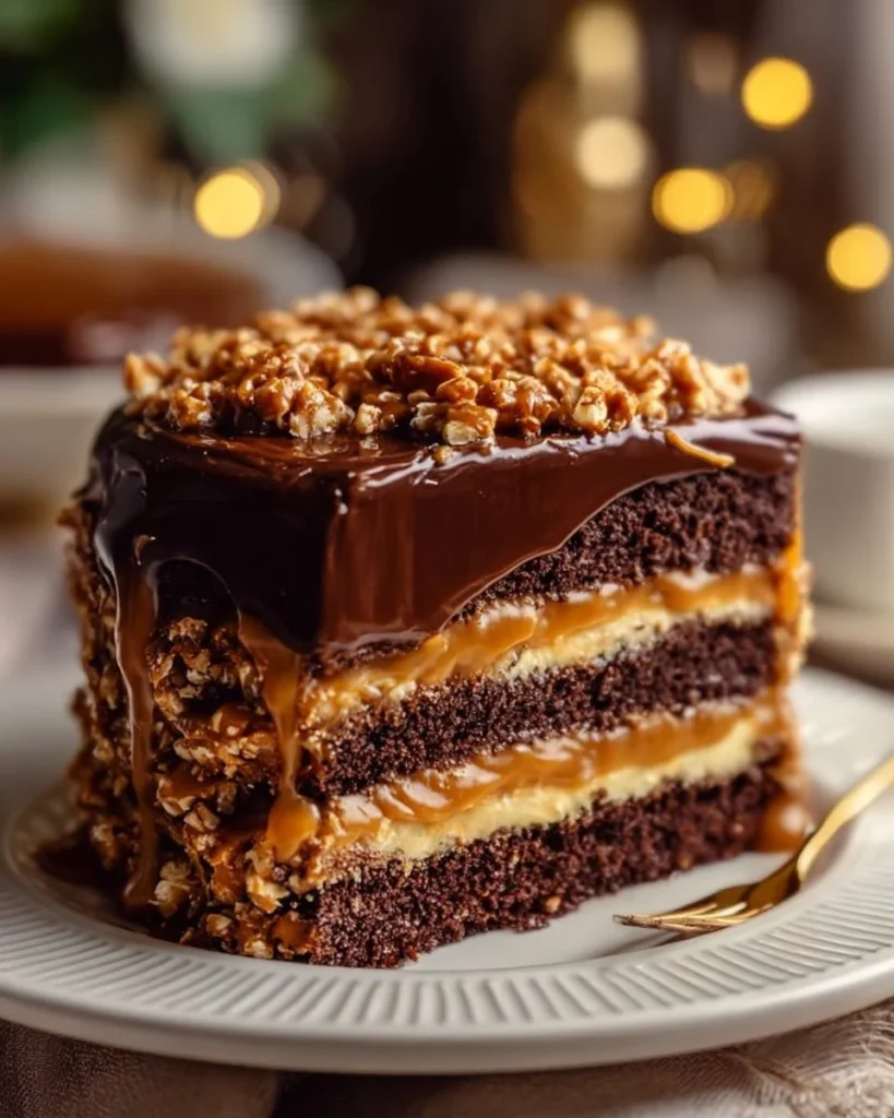 Creamy Chocolate Caramel Toffee Crunch Cake showcasing layers of caramel and chocolate.