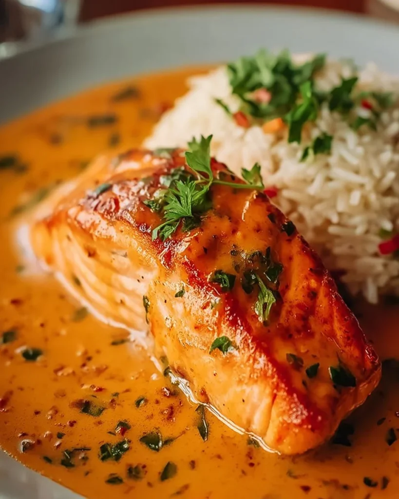 Creamy roasted red pepper salmon dish garnished with herbs
