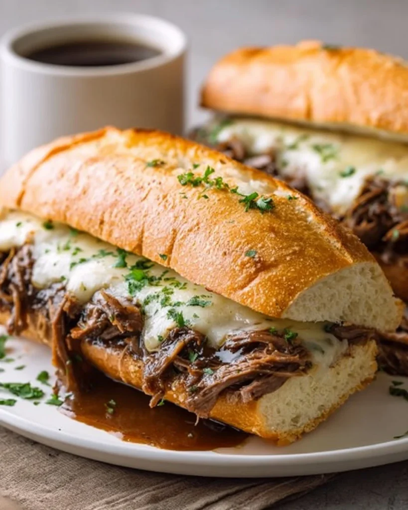 Crockpot French dip sandwiches with melted cheese and au jus